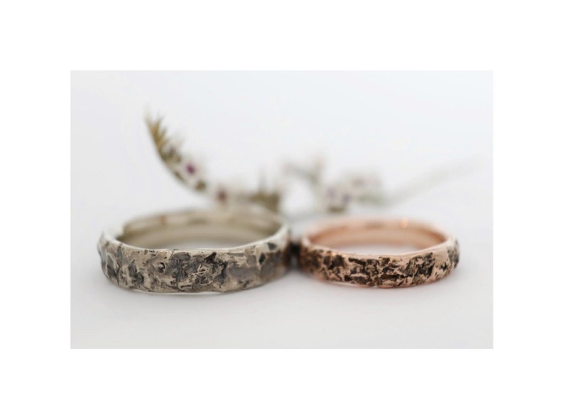 Rough stone textured half round and 6mm wide hammered wedding ring for him or her in gold or silver, natural rock textured ring image 6