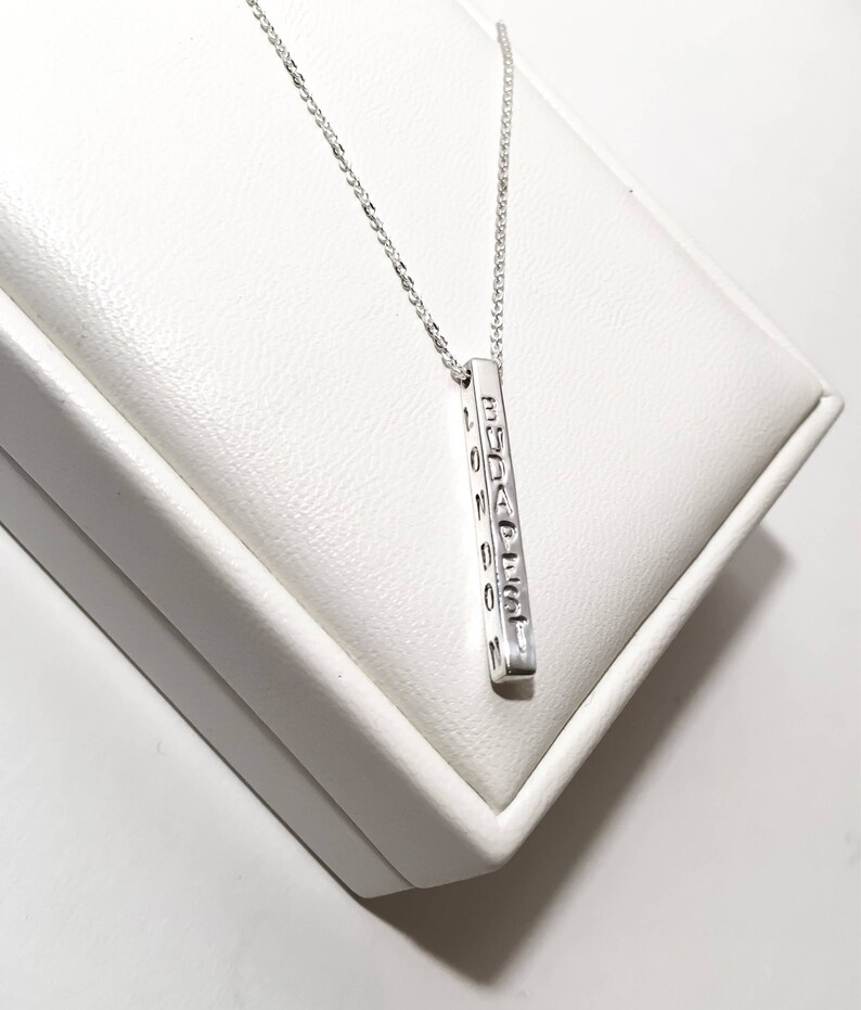 Stamped Birthday Date Name Tag Jewelry Initials Personalised Engeaved Bar Necklace in Solid Sterling Silver or 14k gold Coordinates