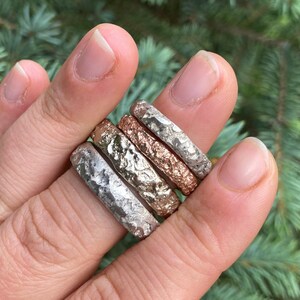 Rough stone textured half round and 6mm wide hammered wedding ring for him or her in gold or silver, natural rock textured ring image 7