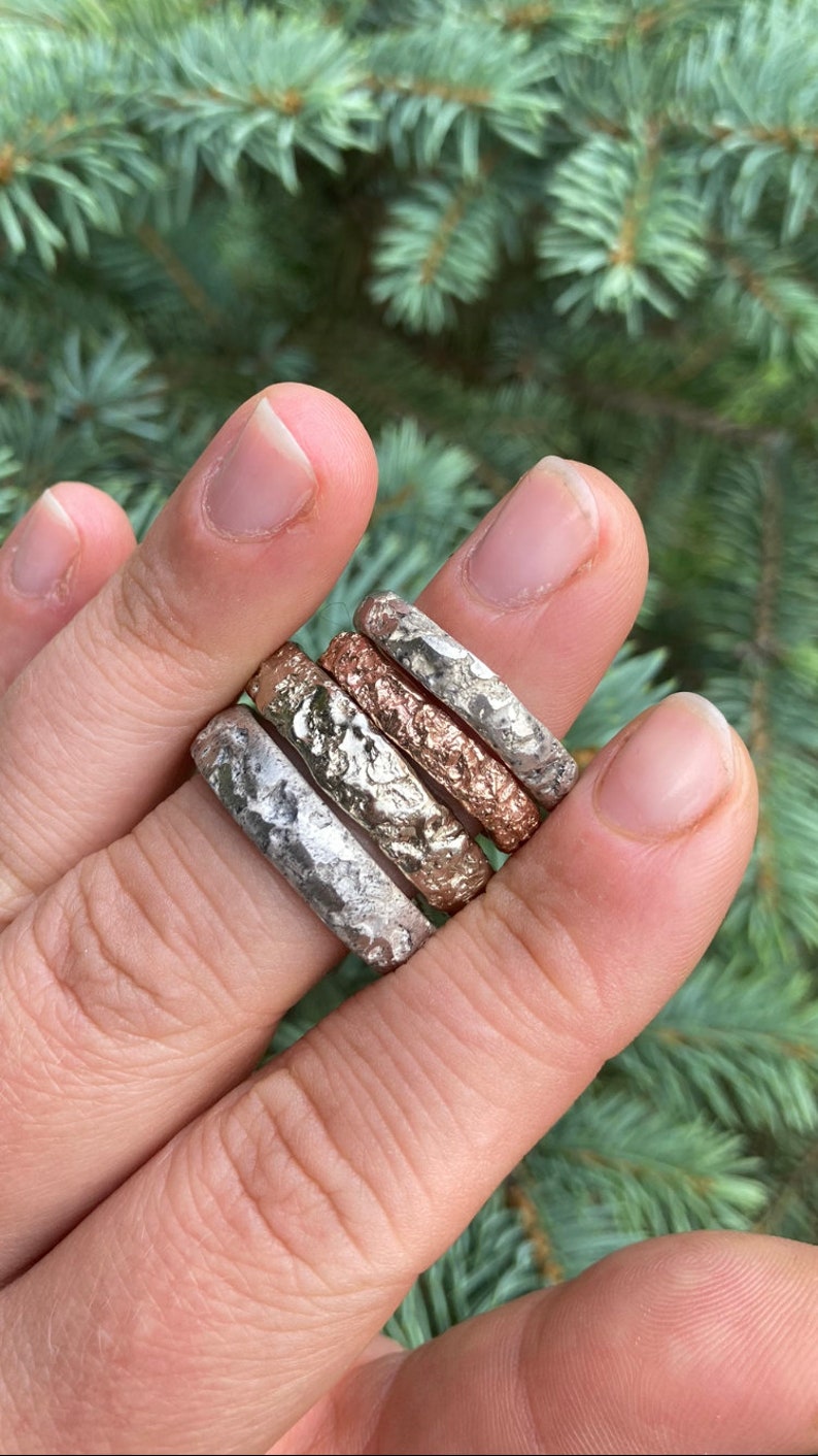 Rough stone textured half round and 6mm wide hammered wedding ring for him or her in gold or silver, natural rock textured ring image 7