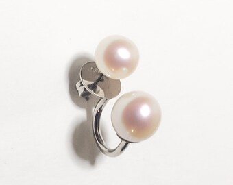 Ear Jacket Earrings in gold or silver with pearls, double sided front back white pearls earrings, French tribal style,