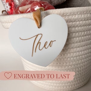 Acrylic Heart Valentine&#39;s Name Tag, Acrylic Heart Basket Tag, Valentine&#39;s Basket Tag, Kids Hand lettered Calligraphy Valentine&#39;s Tag
