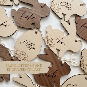 Personalized Wooden Easter Basket Name Tag: Engraved Calligraphy for Kids - Custom Gift Basket Accessory