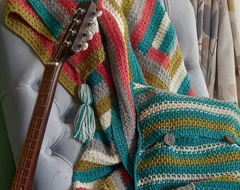 Seascape Crochet Throw - instant download pattern in U.K. and U.S. terms - log cabin crochet blanket with matching cushion