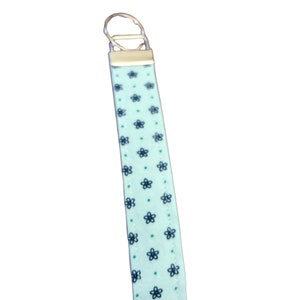 Fabric Key Fob Wristlet Keychain Homemade Allover Floral Design on Blue Fabric Keyfob Wristlet Keychain