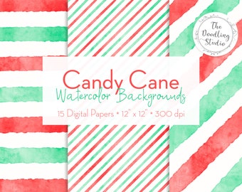 Candy Cane Christmas Watercolor Backgrounds - 15 Digital Papers (Digital Download)