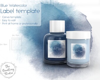 Blue Watercolor Square Label Template for candles, lotions, body butter, slime- Canva editable template 2 x 2in (5 x 5cm)