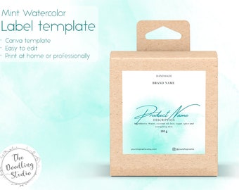 Mint Watercolor Square Label Template for candles, lotions, body butter, slime- Canva editable template 2 x 2in (5 x 5cm)