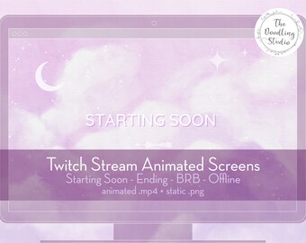 Purple Clouds Animated Twitch Streaming Screens - Animated .mp4 and Static .png - Digital Download