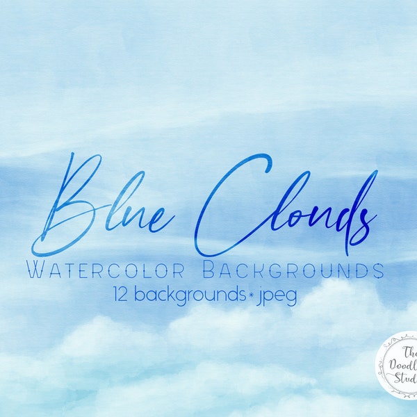 Blue Clouds Watercolor Backgrounds - 12 BACKGROUNDS (jpeg, 300 dpi) - Digital Download