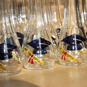 Sombrero y diploma de graduación, celebración, vasos de chupito pintados a mano para rakija y otros licores fuertes, regalo para invitados en el día de su graduación imagen 2