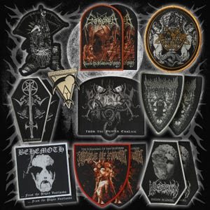 May include: A collection of embroidered fabric patches featuring various black metal band logos and dark graphic illustrations, including shapes like coffins, shields, and circles with detailed black, white, red, and gold thread embroidery.