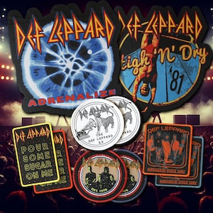 May include: A selection of Def Leppard patches and coasters. The patches display the band's logo, album artwork, and tour graphics. The coasters feature the band's logo and album artwork. The colour scheme includes black, orange, blue, and white.