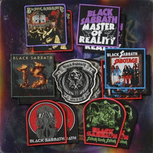 May include: A collection of embroidered fabric patches featuring Black Sabbath album artwork and logos. The designs include the self-titled debut, Master of Reality, 13, Sabotage, and various band-themed graphics with skulls and intricate illustrations.