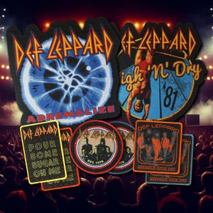 May include: A collection of Def Leppard embroidered patches featuring various album and tour artwork. The set includes large shaped patches with Adrenalize and High 'N' Dry designs, alongside rectangular and circular patches with band imagery.