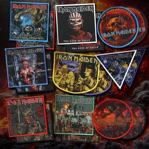 May include: A collection of Iron Maiden embroidered patches featuring various album artwork including The Final Frontier, The Book of Souls, and A Matter of Life and Death. The patches are square, circular, and triangular with colourful graphic designs.