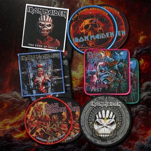 May include: A collection of embroidered fabric patches featuring Iron Maiden album artwork. The patches include square and circular shapes with colorful designs of the mascot Eddie, displaying text such as The Book of Souls, The Final Frontier, and Future Past.