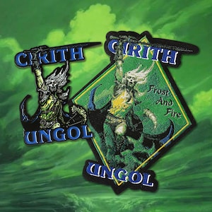 May include: Two embroidered patches featuring a warrior figure with long hair holding a sword. The left patch displays the text CIRITH UNGOL in blue. The right diamond-shaped patch features the text CIRITH UNGOL and Frost And Fire.