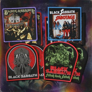 May include: A collection of four embroidered fabric patches featuring Black Sabbath album art. The patches display the self-titled album, Sabotage, the Technical Ecstasy cover, and the Sabbath Bloody Sabbath artwork with red and black borders.