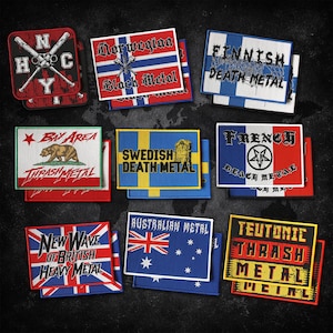 Op de afbeelding: Een verzameling rechthoekige geborduurde patches met diverse nationale vlaggen en muziekgenre-teksten. De ontwerpen omvatten NYC, Norwegian Black Metal, Finnish Death Metal, Bay Area Thrash Metal, Swedish Death Metal, French Black Metal en Australian Metal.
