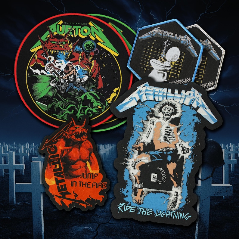 May include: A collection of four embroidered patches featuring heavy metal band imagery. Designs include a circular patch with a red demon, a hexagonal patch with a toilet graphic, a red-toned demon patch, and a blue-toned electric chair graphic.