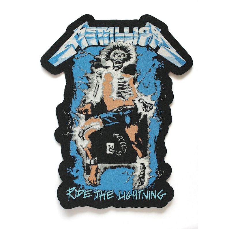 May include: A black fabric patch featuring the Metallica logo in white and blue at the top. The center graphic depicts a skeleton in blue shorts being electrocuted by lightning. The text RIDE THE LIGHTNING is printed in blue at the bottom.