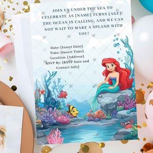 Faire-part d'anniversaire Ariel petite sirène princesse Disney fichier numérique - personnalisable, imprimable, téléchargement immédiat