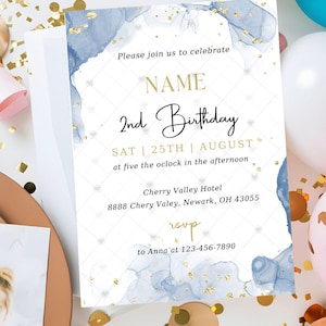 Unisex Birthday Wedding Invitation Blue Golden Template - Elegant & Modern Minimalist Design, Customized Party Invite for All Occasions