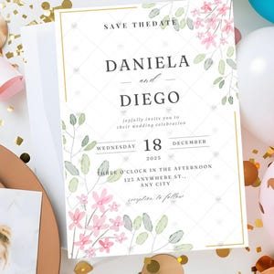 Save the Date Wedding Invitation Template - Floral Pink & Green Minimalist Design