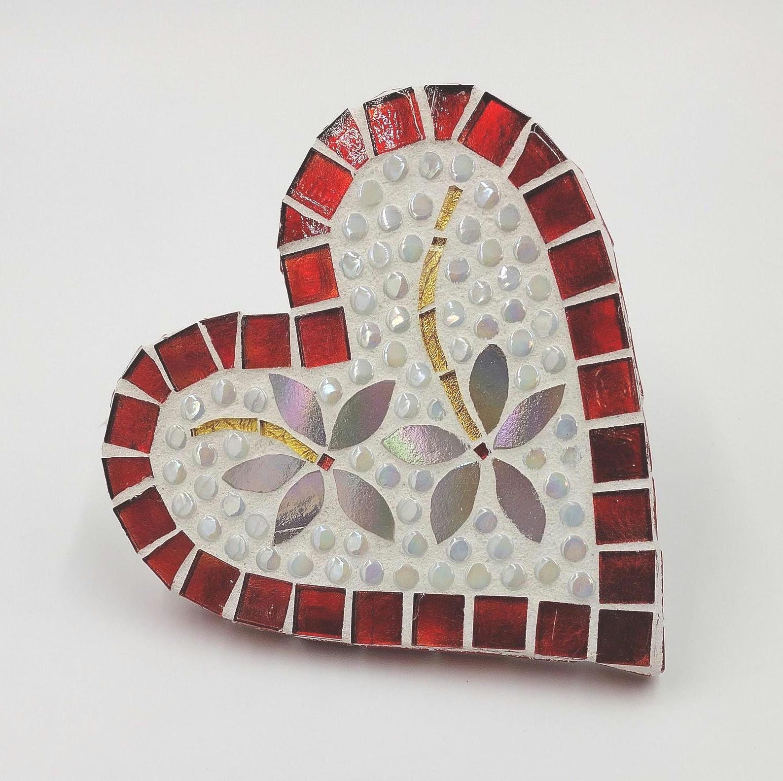 Hearts and Flowers Shimmering Petals Red Gold White Mosaic Heart