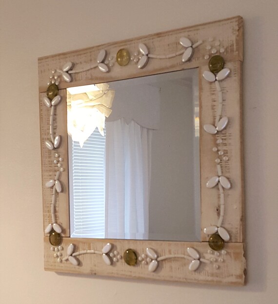 In Stock Shabby Chic Beveled Mirror Framed Reclaimed Wood With Decorative Vine Yellow Green Glass Accents And White Leaves