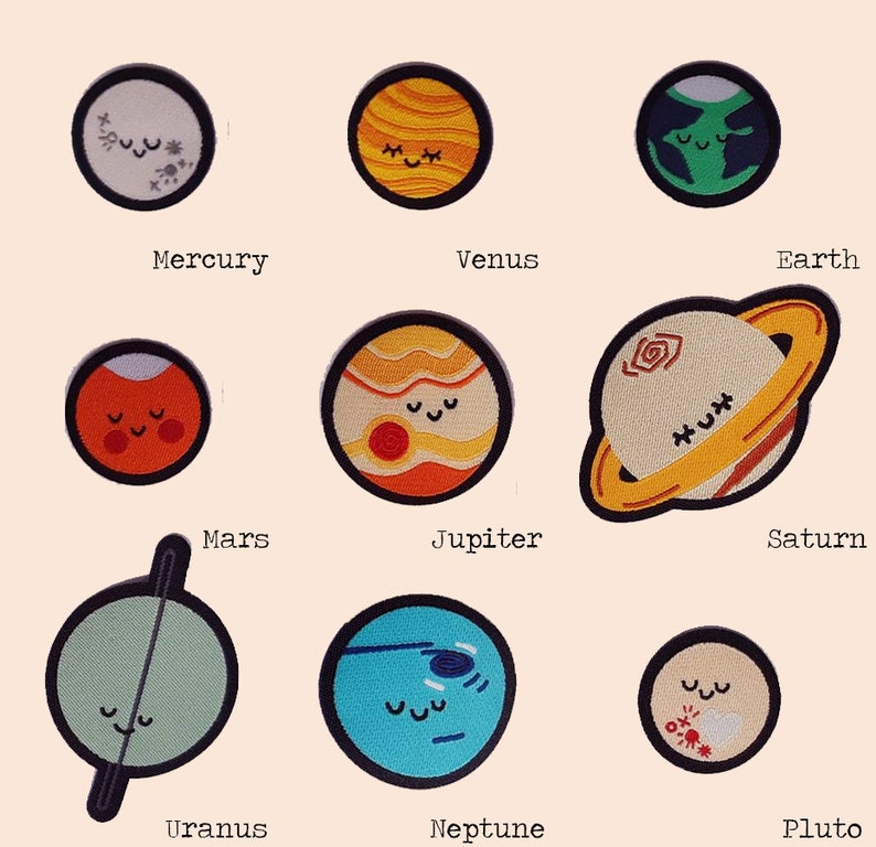 May include: Nine embroidered planet patches, each with a smiling face. Planets include Mercury, Venus, Earth, Mars, Jupiter, Saturn, Uranus, Neptune, and Pluto. Each patch has a black border and is on a light beige background.