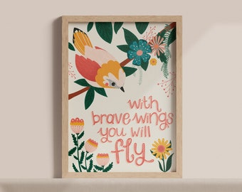 Brave Wings - Kind Bird Word Affirmation Art Print A4