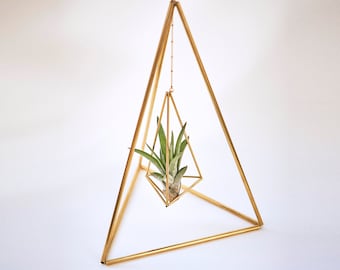 Luftpflanze mit Pflanzenhänger Tetrahedron No. 02, Pflanzenampel, Messing Pflanze Ständer, gold geometrisch deko, Weihnachten