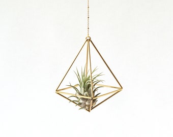 Hanging air plant holder, mobile Himmeli, gold plant hanger, air plant geometric planter, airplant display, home decor gift, octahedron 01