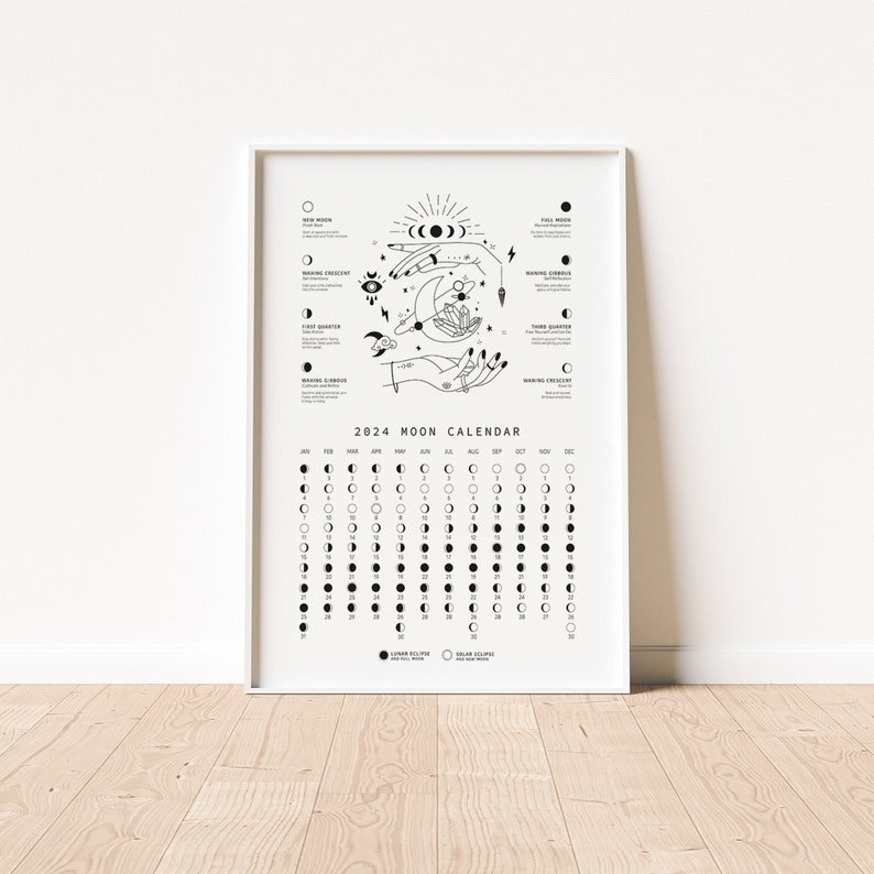 Moon Calendar 2024, Lunar Calendar 2024, Printable 2024 Calendar, Digital Moon Calendar, Moon Phase Calendar, New Moon Calendar, Moon Poster image 1