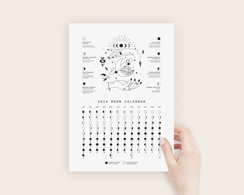 Moon Calendar 2024, Lunar Calendar 2024, Printable 2024 Calendar, Digital Moon Calendar, Moon Phase Calendar, New Moon Calendar, Moon Poster image 4