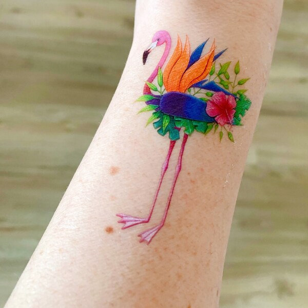 tatouage éphémère flamant rose oiseau de paradis - 2 exemplaires