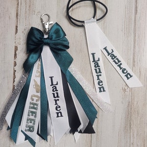 Cheer Ribbon Zipper Pull Charm With Pom Pom Tag, Embroidered Cheer Name Bag Tag ID, Personalized Cheer Zipper Charm with Pompom Matching set
