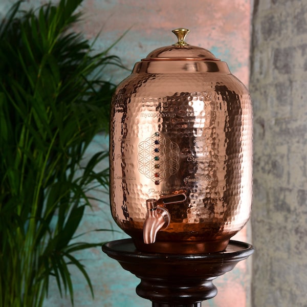 8L Pure Copper Water Dispenser with precious gemstones set in pure silver.