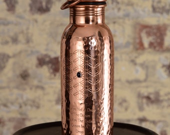 Ayurveda Wellness Pure Copper Water Bottle, 1 Crystal set in Pure Silver. Handcrafted Leakproof Recycled. Health Benefits.