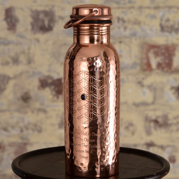 Ayurveda Wellness Pure Copper Water Bottle, 1 Crystal set in Pure Silver. Handcrafted Leakproof Recycled. Health Benefits.