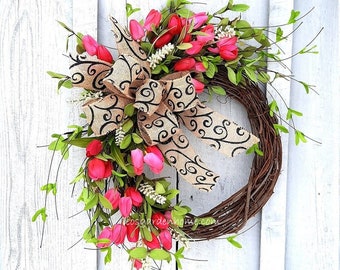 Floral Twig Wreath Everyday Floral Front Door Decor Pastel Tulip Wreath Spring Tulip Wreath for Front Door