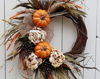 Fall Grapevine Wreath with Pumpkins, Peonies, Pinecones (20" W)