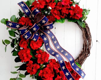 Patriotic Red Geranium Wreath, USA Floral Decor, Memorial Day America 250 Birthday, July 4th