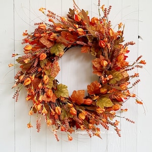 Fall Door Wreath: Autumn Leaves & Lantern Accents