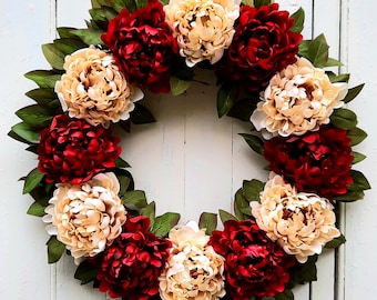 Peony Christmas Wreath for Front Door, Winter Holiday Decor