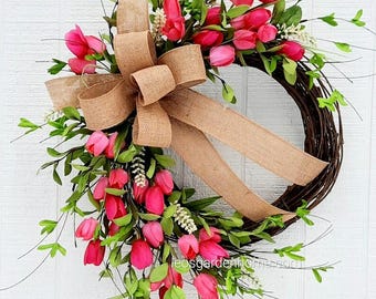 Spring Tulip Wreath, Easter Wreath, Front Door Floral Wreath, Summer Wreath, Mother's Day gift