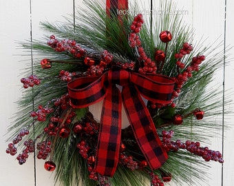Christmas Pine Mini Wreath, Red Berry Jingle Bell Decor, Cedar Candle Ring 12"