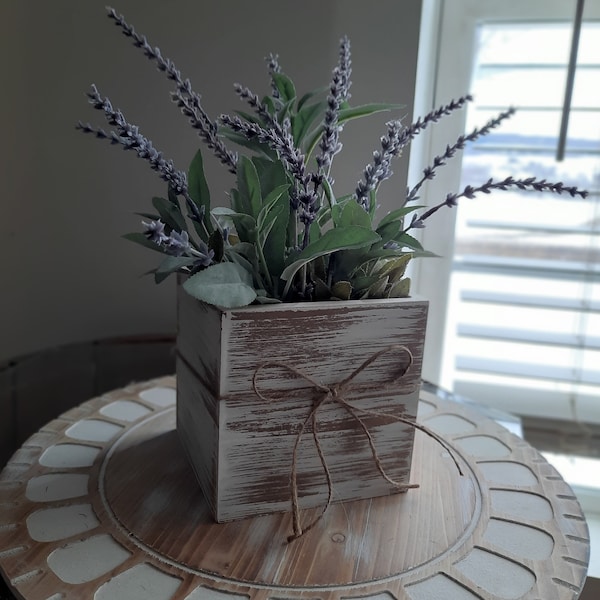 Faux Herbs, Artificial Herb Pot, Faux Lavender, Faux Sage, Herbs Wood Crate, Kitchen Herbs, Garden Herbs, Farmhouse, Herb Basket